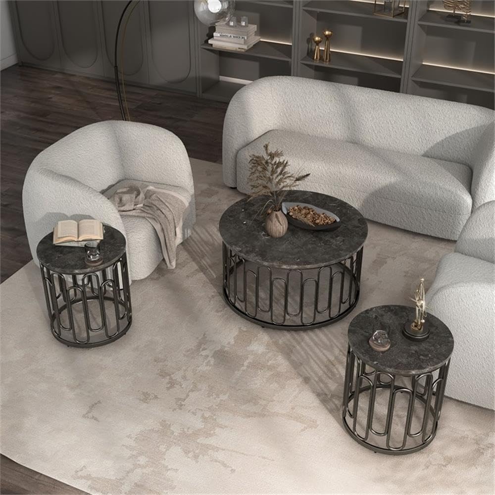 BOWERY HILL Marble and Metal 3-Piece Coffee Table Set, Black Finish, Includes Round Marble Coffee Table 36 in and 2 End Tables 20 in, Sturdy Decorative Iron Base, Contemporary Style Living Room