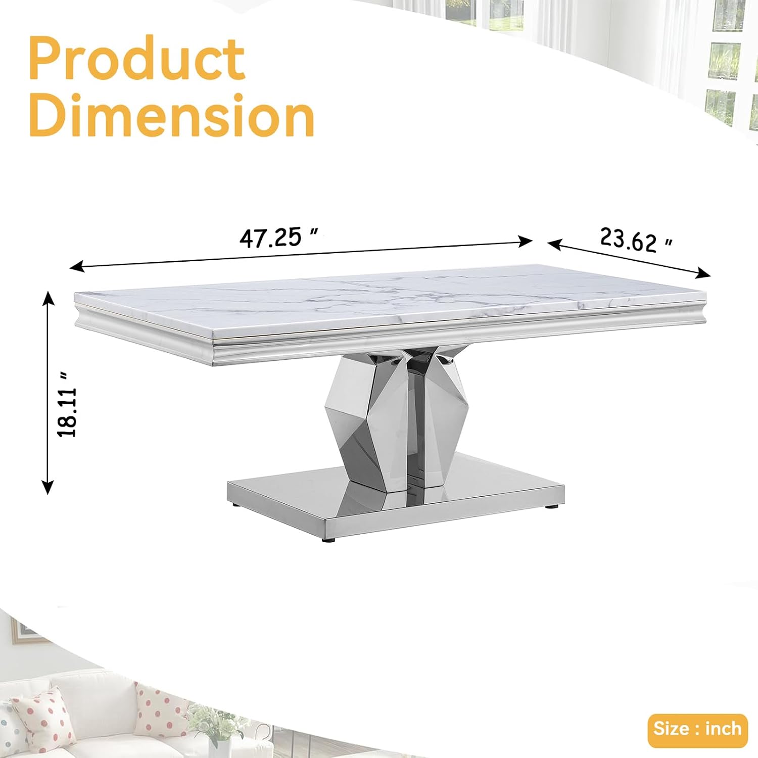 Modern Marble Coffee Table, 47' White Silver Coffee Table with Mirrored I-Shape Stainless Steel Base, Faux Marble Rectangle Living Room Center Table Cocktail Tea Table for Home Office