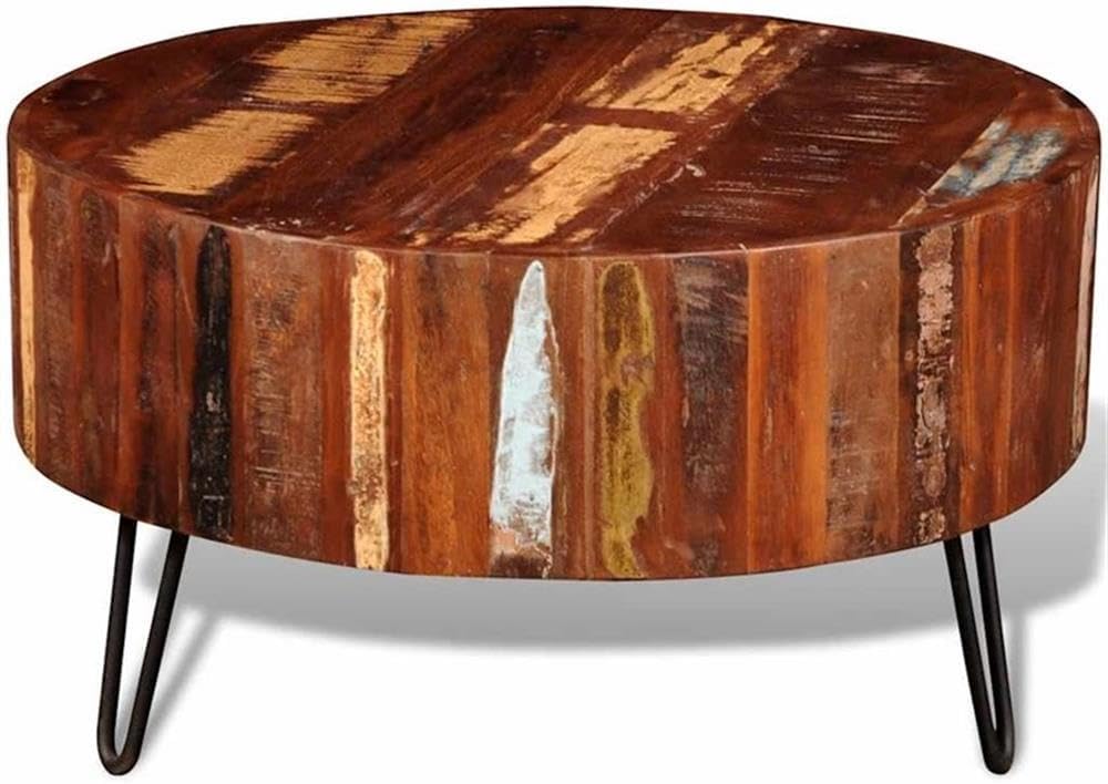 BOWERY HILL 27.6' Round Coffee Table, Solid Reclaimed Wood, Multicolor Finish, Handcrafted Rustic Design, Compact Living Room Accent Table, Durable Polished Surface for Drinks and Decor