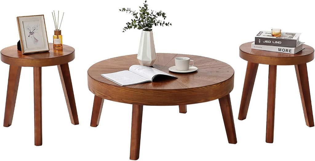 HOKYHOKY Farmhouse Round Coffee Table Set of 3, Boho Sofa Side Nesting Tables End Table Set with Wood Natural Finish for Living Room, Bedroom, Home Office,Brown