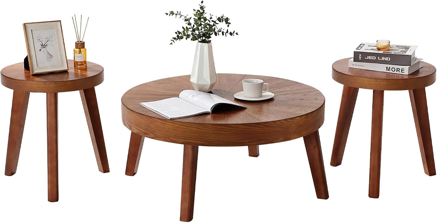 HOKYHOKY Farmhouse Round Coffee Table Set of 3, Boho Sofa Side Nesting Tables End Table Set with Wood Natural Finish for Living Room, Bedroom, Home Office,Brown