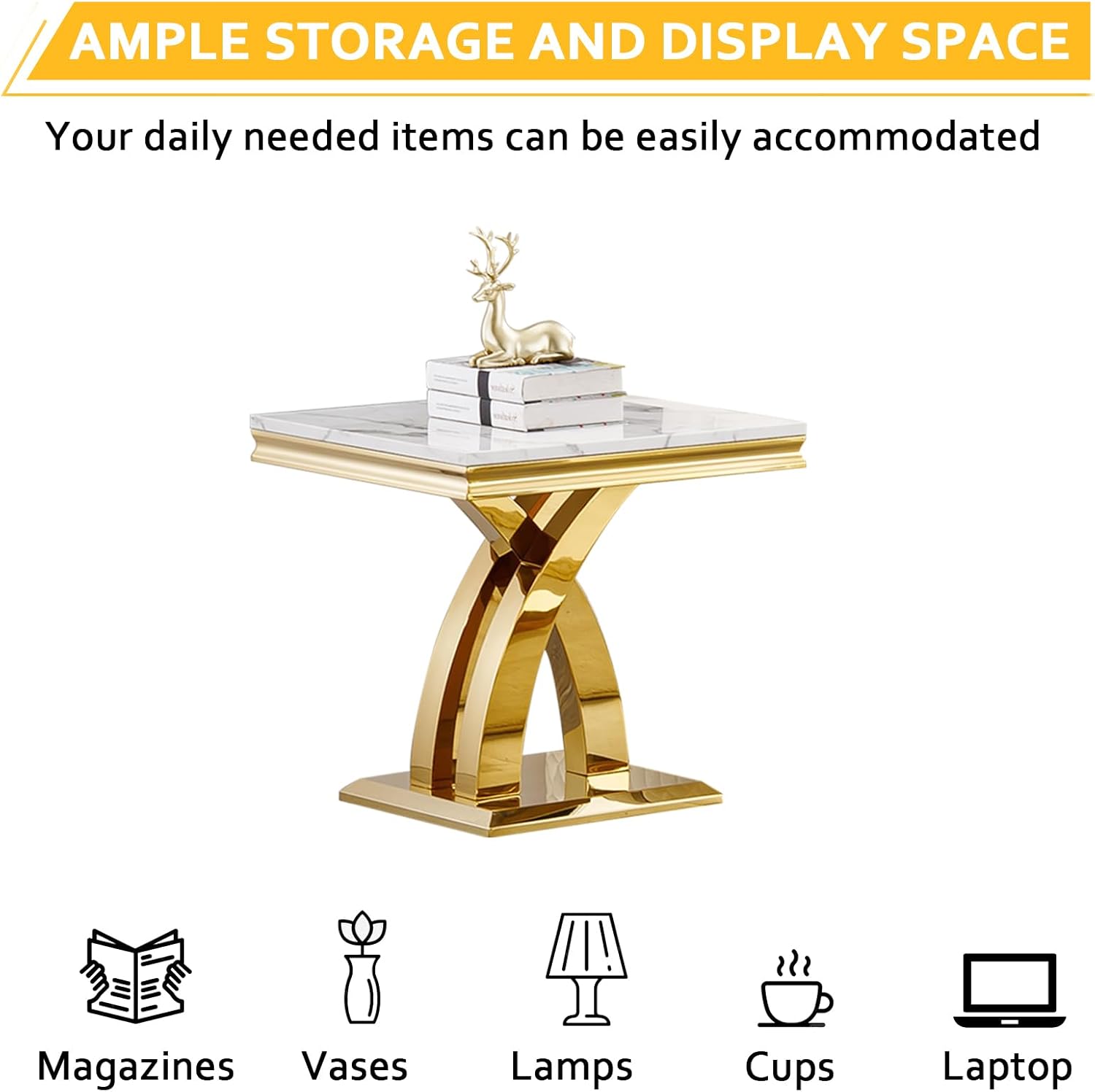 4 Pieces Coffee Table Set, Faux Marble Living Room Table Set of 4, Modern Coffee Table, Console Table and 2 End Tables with X-Shaped Stainless Steel Base for Living Room (White Gold)