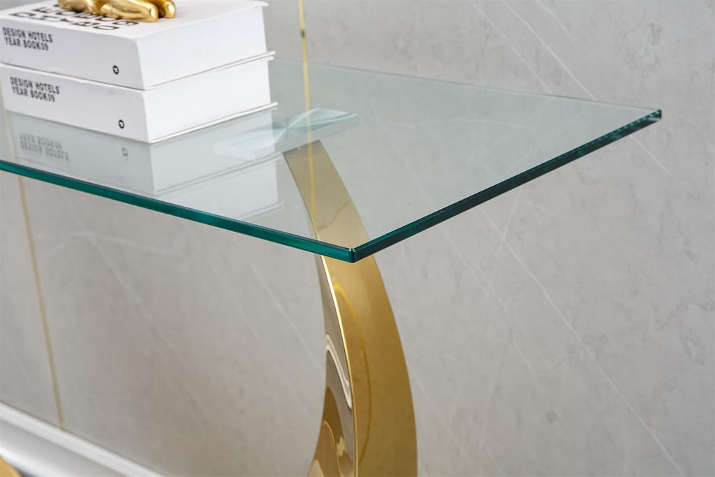 SSLine 1 Piece Living Room Console Table Luxury Glass Entryway Table,Modern Gold Console Table with Half Moon-Shape Stainless Steel Pedestal Base for Living Room Hallway Corridor(1 Console Table)