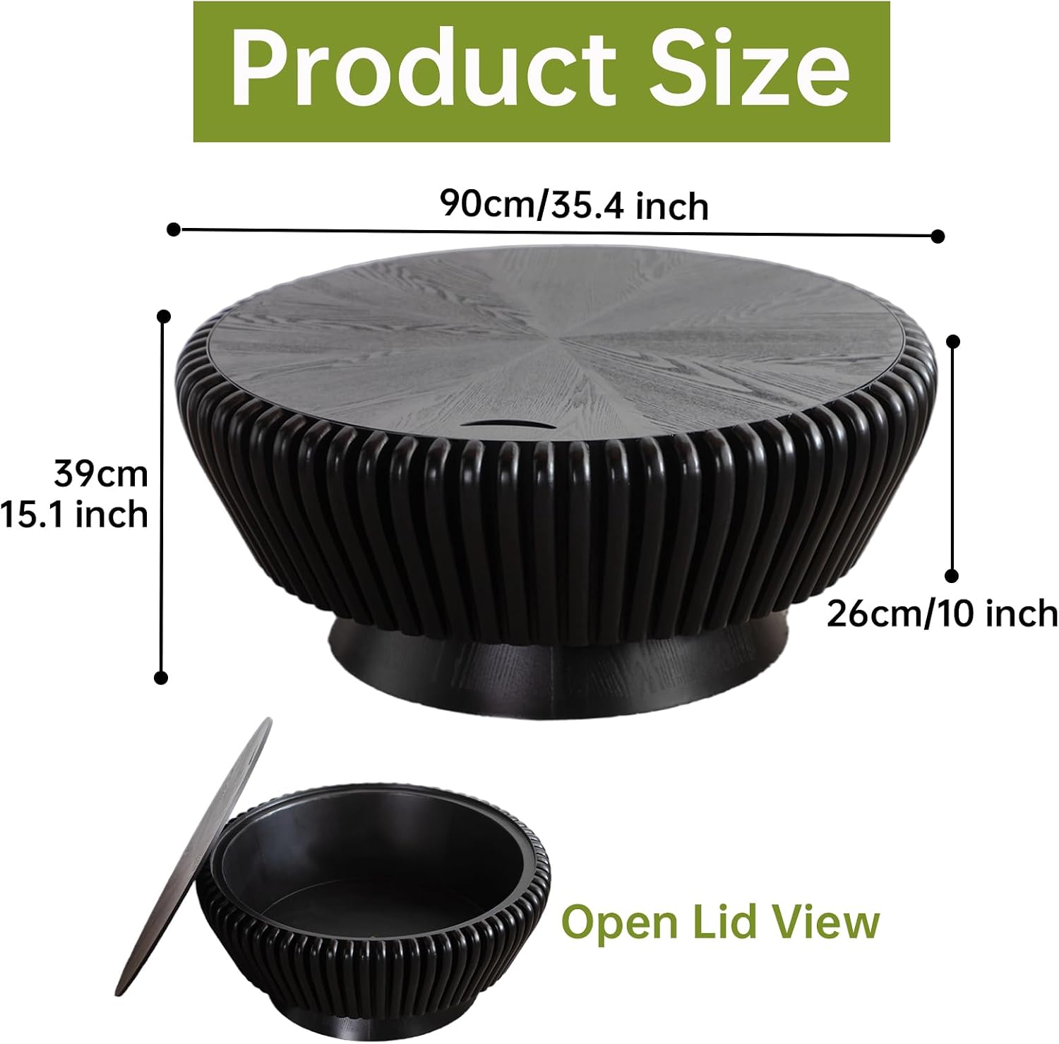 Round Wood Fluted Coffee Table with Storage, 35' Round Fluted Coffee Table with Flip-Top Lid Mid Century Modern Low Circle Drum Coffee Tables for Living Room (Black A, 35')