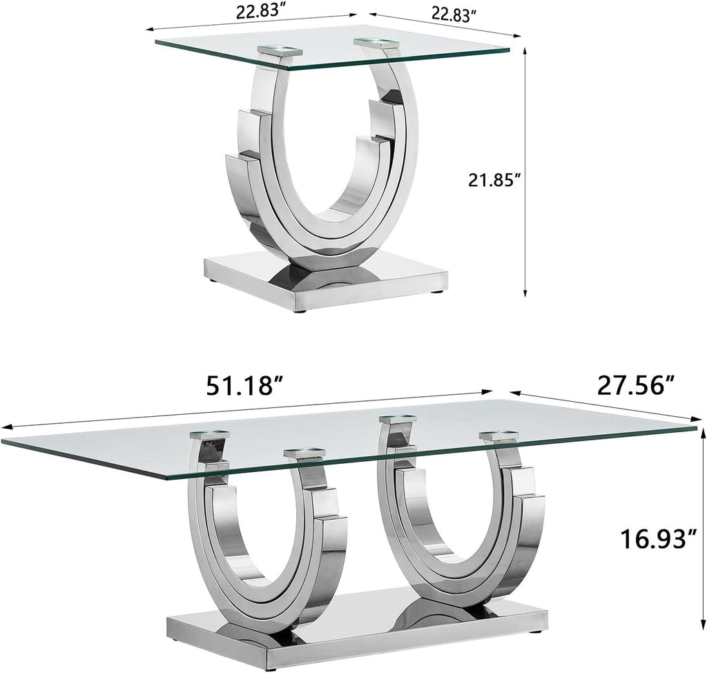 SSLine Modern 3 Piece Living Room Table Set, Include 1 Coffee Table and 2 End Tables, Luxury Silver Glass Coffee End Table Set with Ring-Shape Stainless Steel Base