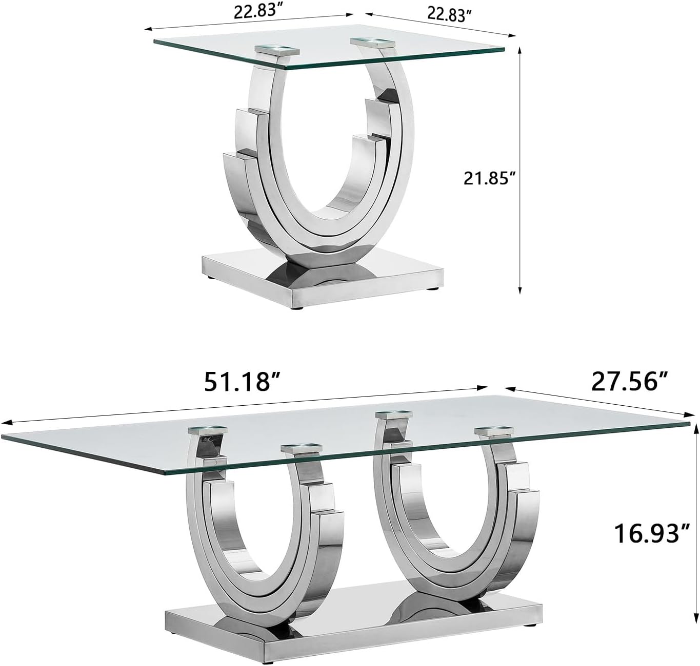 SSLine Modern 3 Piece Living Room Table Set, Include 1 Coffee Table and 2 End Tables, Luxury Silver Glass Coffee End Table Set with Ring-Shape Stainless Steel Base