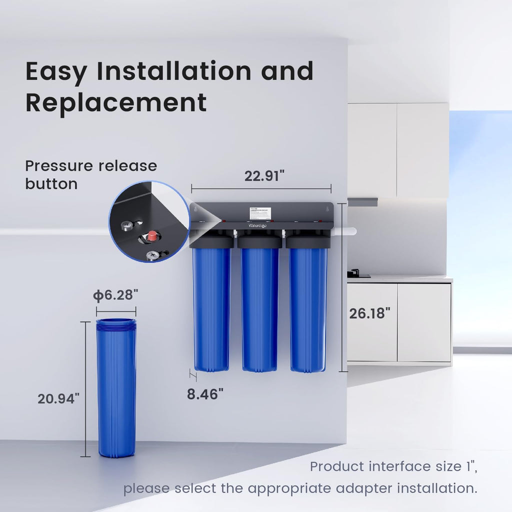 Waterdrop WHF3T-PG 3-Stage Whole House Water Filter System,1' Inlet/Outlet | Highly Reduces Lead, Chlorine, Odor and Taste, 7-Stage Filtration, with Carbon Filter & Sediment Filter, 5 Micron