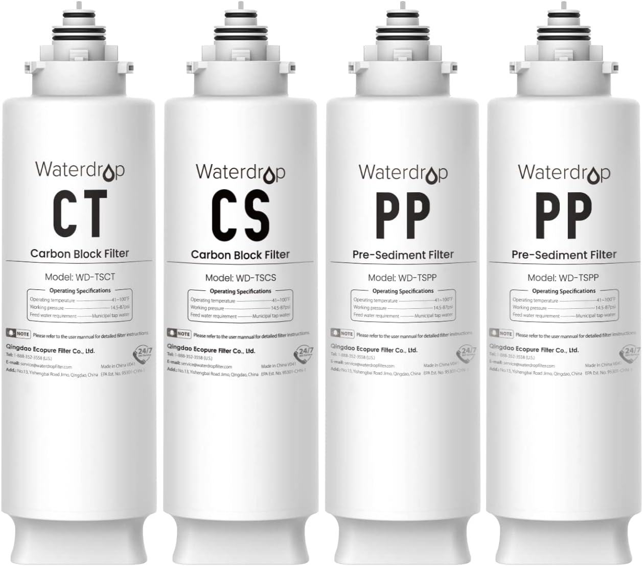 Waterdrop TSC Under Sink Water Filter Replacement, 1-Year Replacement Pack, 4-Pack (2 x TSPP, 1 x TSCS, 1 x TSCT), for Waterdrop TSC Under Sink Water Filtration System