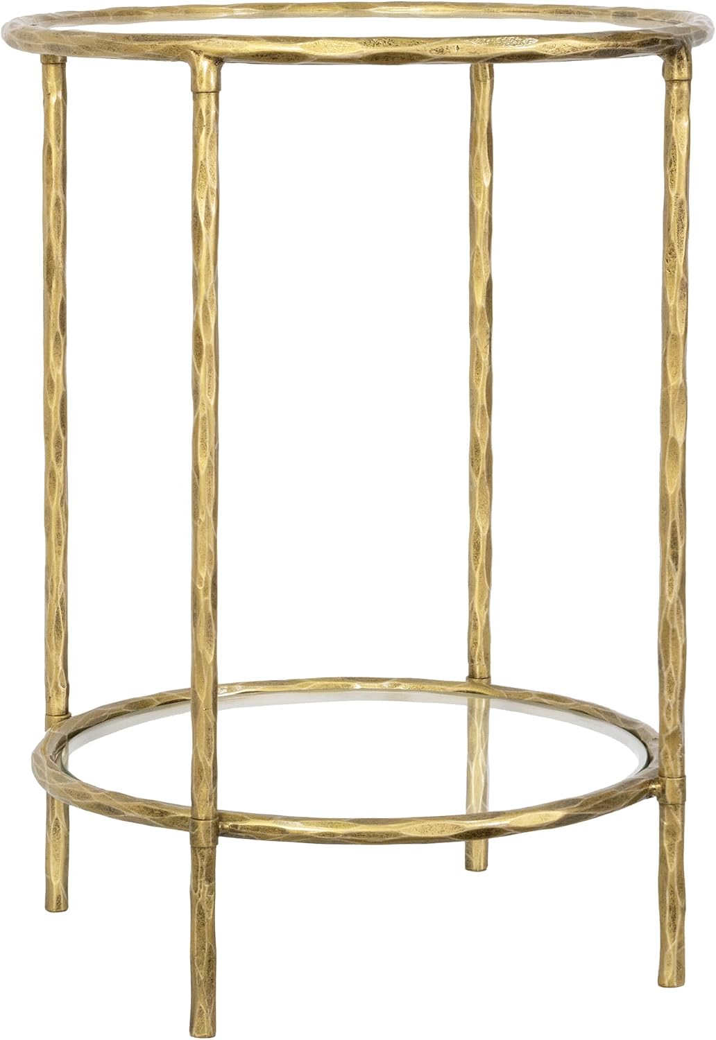 BEGINS Hand Forged Side Table 2 Tier, Vintage End Table Glass Top Coffee Table, Accent Table with Solid Hammered Frame, Suitable for Living Room, Bedroom, Study Room, Entryway (Gold, Circle)
