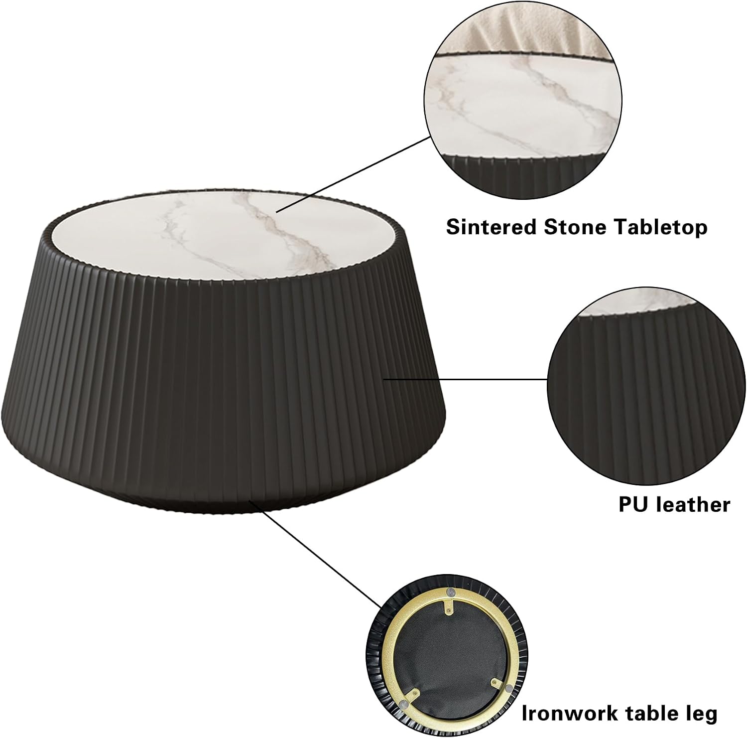 26.77' Marble Coffee Table, Modern Cup Shaped Coffee Table with Sintered Stone Top and PU Leather Covered, Black Fluted Cocktail Center Tea Coffee Tables for Living Room,No Need Assembly