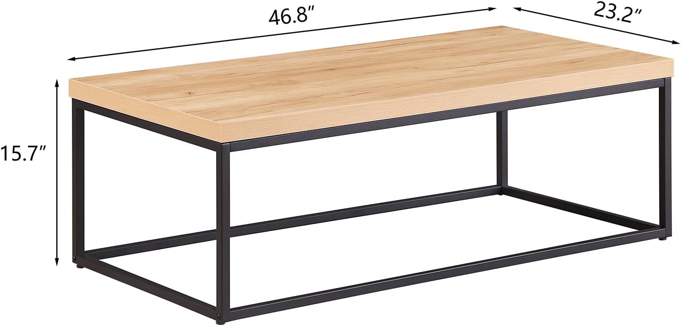 CENSI 47 Inch Oak Coffee Table for Living Room, Modern Industrial Center Table with Extra Thick 40mm Wood Top, Natural White Oak Finish, Rectangle Cocktail Table