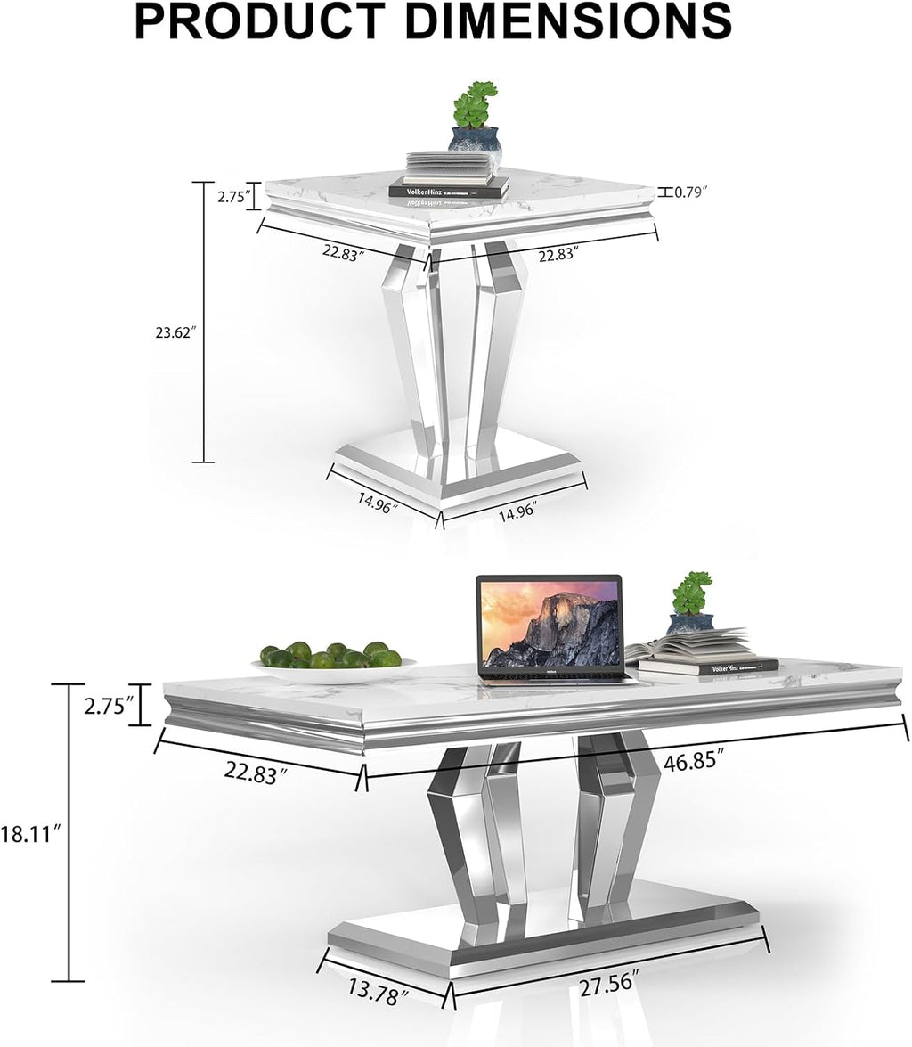 3 Pieces Coffee Table Set, Faux Marble Living Room Table Set of 3, Modern Coffee Table and 2 End Tables with Diamond-Shaped Stainless Steel Base for Living Room (White Silver)