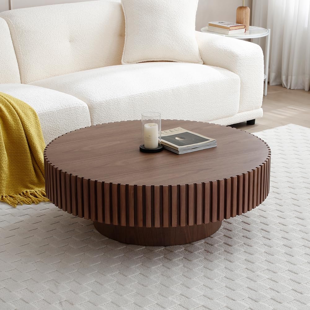 WILLIAMSPACE 39.4' Walnut Round Coffee Table, Modern Luxury Wood Circle Drum Center Table for Living Room, Accent Side End Table for Apartment, ø39.4'' x 13.4''H (Walnut)
