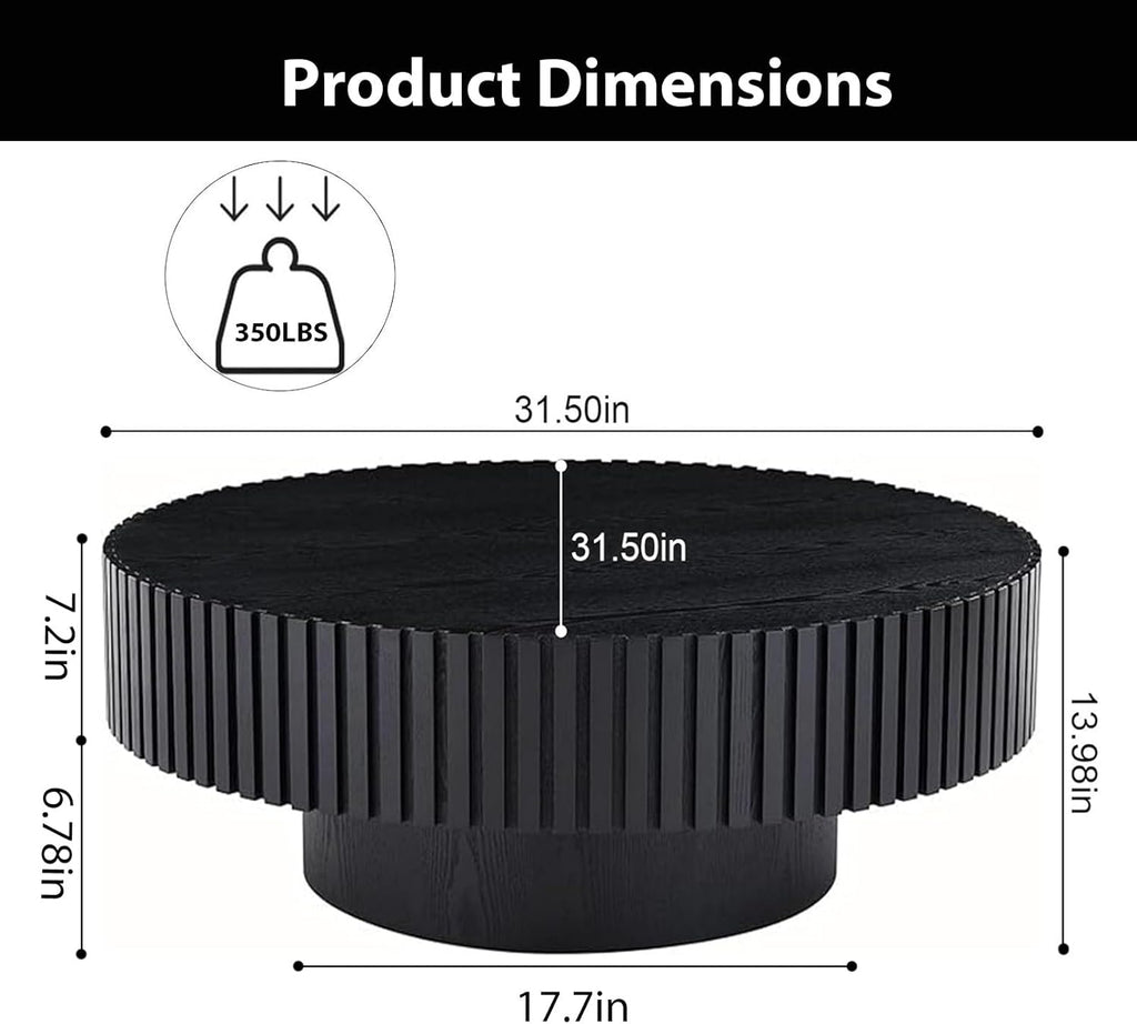 Round Coffee Table, Handcrafted Fluted Drum Coffee Tables Modern Wood Coffee Table Circle Drum Center Table for Living Room, Apartment (Round Black)