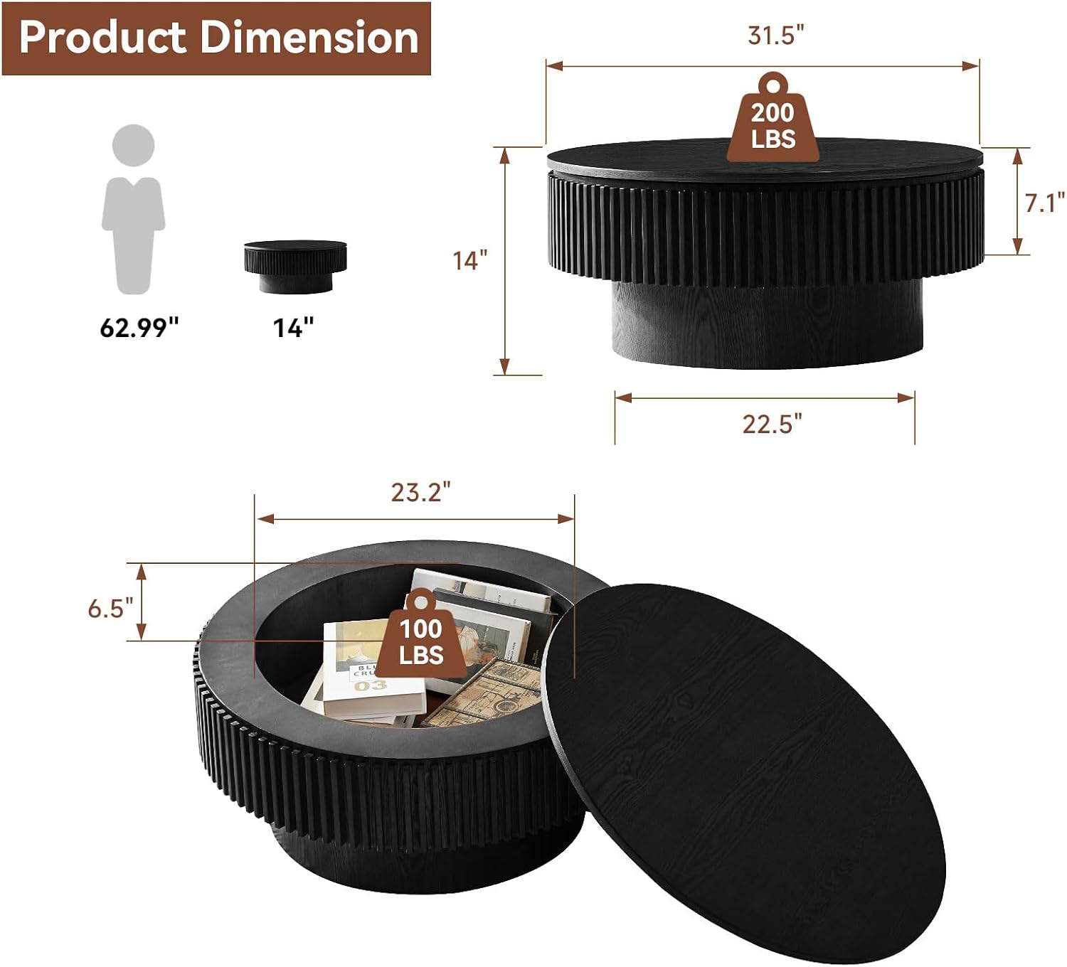 Round Coffee Table for Living Room,Fluted Drum Accent Tea Center Table with Storage,Circle Modern Coffee Tables for Small Space Office Apartment (31.5' L×31.5''W×14''H-Black)