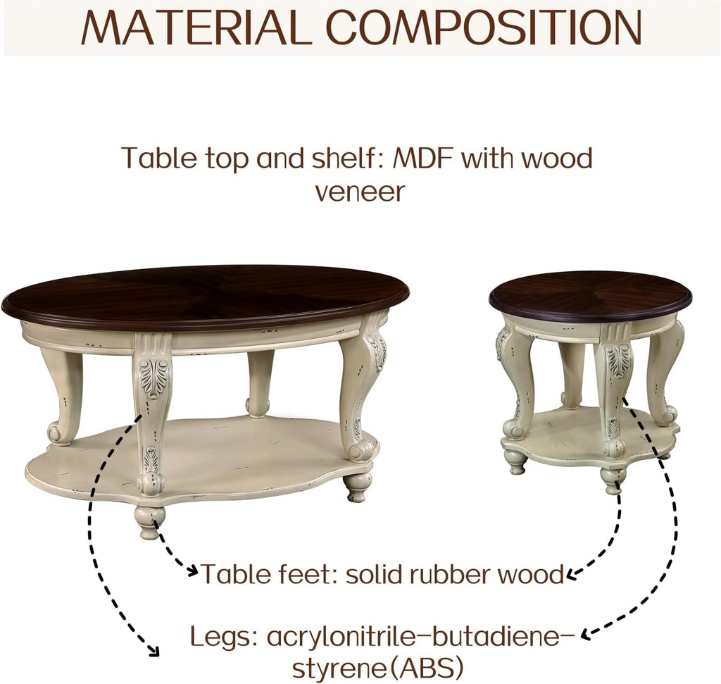 LKTART Oval Coffee Tables Set of 3, Vintage Wood Coffee Table with Carved Wood Legs, Antique Living Room Table Set(Beige and Espresso Top)