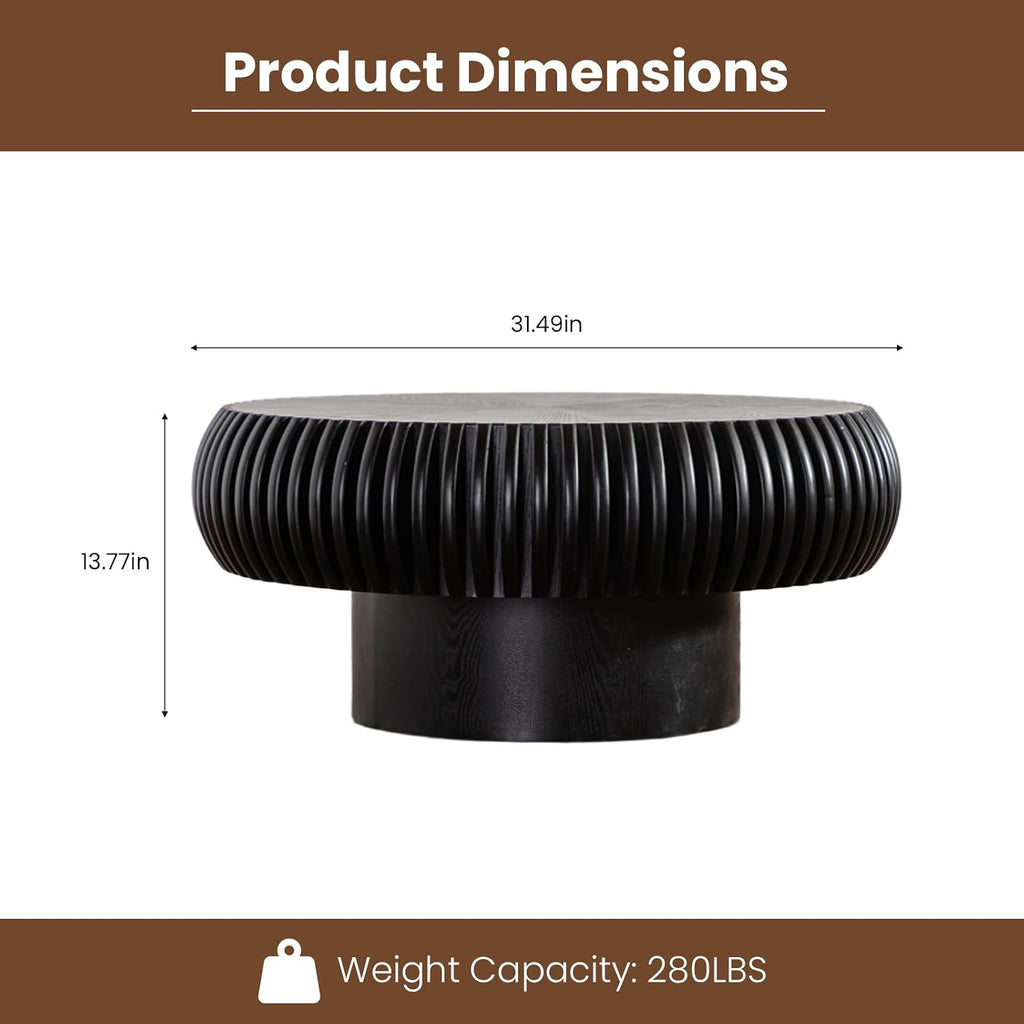 JHKZUDG Round Fluted Coffee Table 31.5'' Wood Drum Coffee Tables Contemporary Circle Accent Center Table Mid Century Side Table for Living Room, Small Space, Apartment (Black, 31.5' Coffee Table)