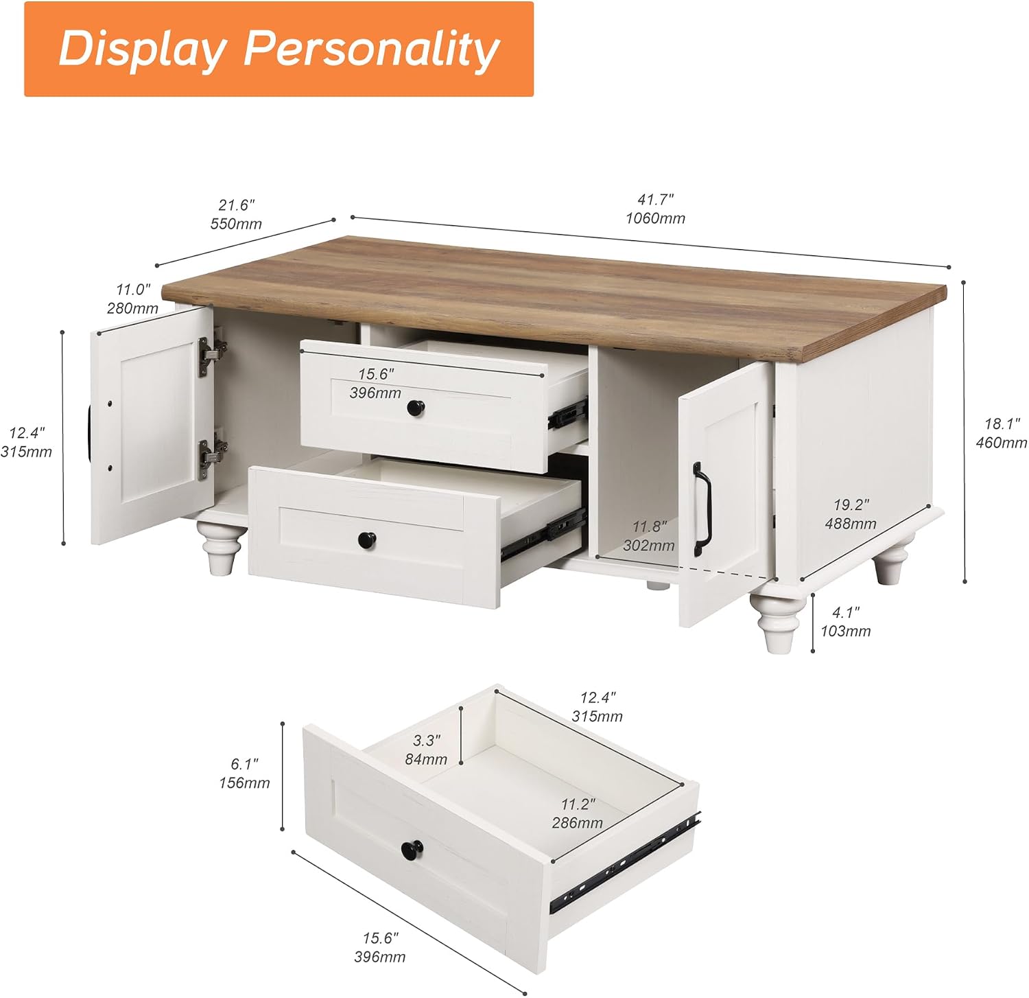 WAMPAT Modern Coffee Table with Storage Cabinet, White Coffee Tables for Living Room, Wood Rectangle Center Table with Drawer, Rustic Tea Table for Home, Off White