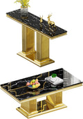 2 Pieces Coffee Table Set, Faux Marble Living Room Table Set of 2, Modern Coffee Table and Console Table with Column-Shaped Stainless Steel Base for Living Room Office (Black Gold)