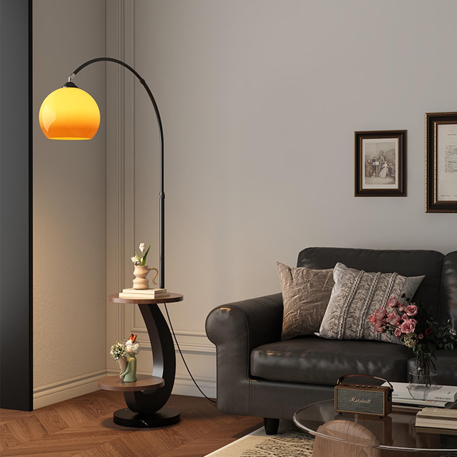 Bofea-Arc Floor Lamps for Living Room,Black Floor Lamp with Table | Wood End Side Table with Lamp,Adjustable Orange Lamps Over Sofa,Warm Lighting,Mid Century Standing Light for Couch