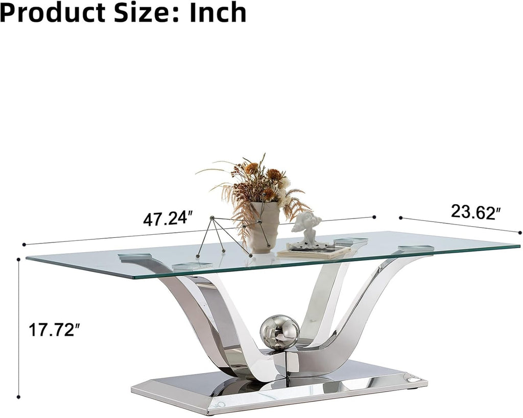 47' Glass Coffee Table, Modern Silver Cofee Table Living Room Table with Gorgeous Mirrored Stainless Steel Base,Luxury Rectangular Center Coffee Tables for Living Room,Apartment,Office