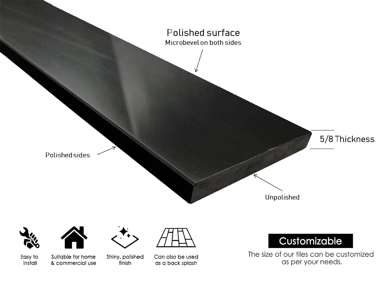 Tenedos Solid Black Engineered Marble Custom Length Shower Curb Threshold Tile Polished for Doorway Floor Transition, Bathroom Vanity Backsplash, Sill (Width: 5 inches, Thickness: 5/8 inches)