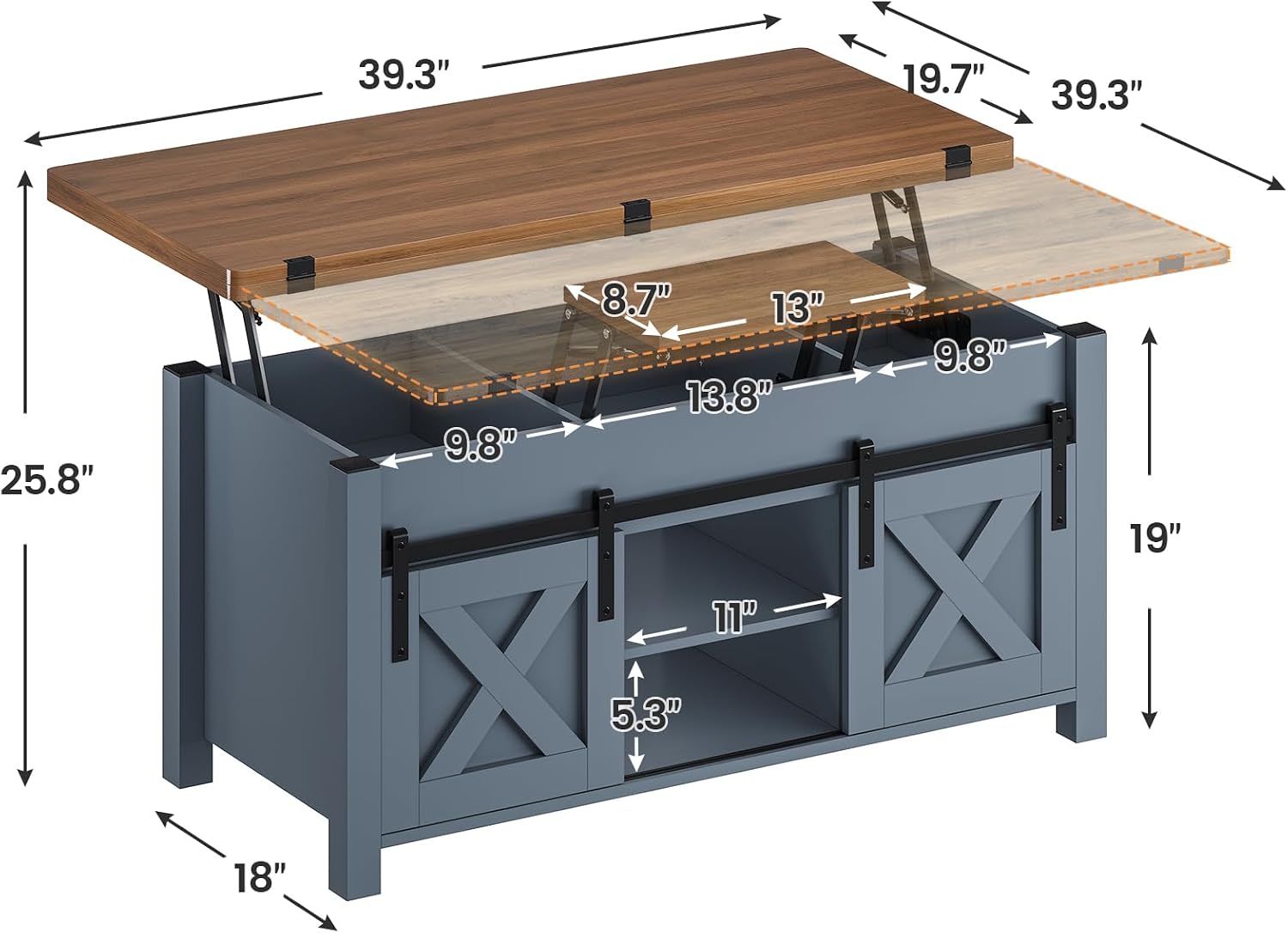 SEDETA Lift Top Coffee Table, 4 in 1 Multi-Function Convertible Coffee Tables with Storage and Hidden Compartment, Farmhouse Coffee Table Converts to Dining Table for Living Room, Blue