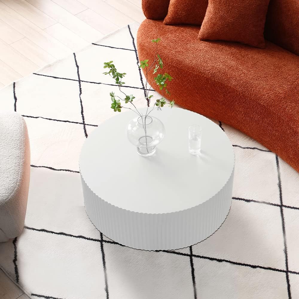 35.43'' White Round Fluted Coffee Table Wood Circle Coffee Table for Living Room, Modern Contemporary Style, No Assembly, White