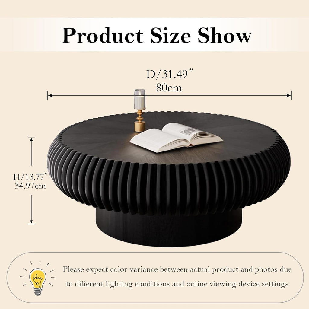 31.49' Round Fluted Coffee Table Unique Contemporary Wood Low Circle Drum Tea Tables with Sturdy Pedestal for Small Space (H Black 31.49in)