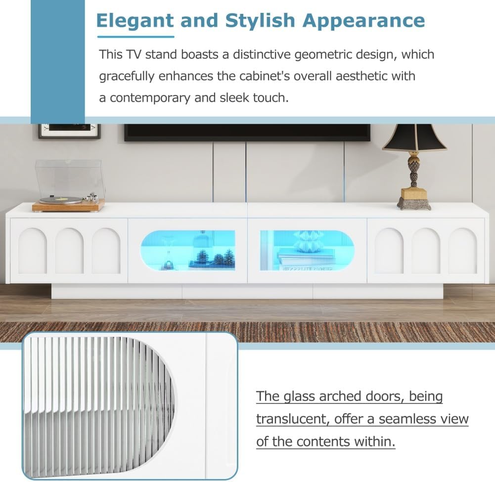 86.6' LED TV Stand with Fluted Tempered Glass Doors for TVs Up to 95'', Functional Media Console Entertainment Center with Arched Cabinet Doors (White)