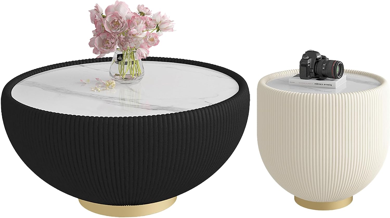 Modern Round Coffee Table, Drum Bowl Tea Table with Sintered Stone Tabletop, Fluted PU Leather Covered and Metal Base, Center Table for Living Room Home Office