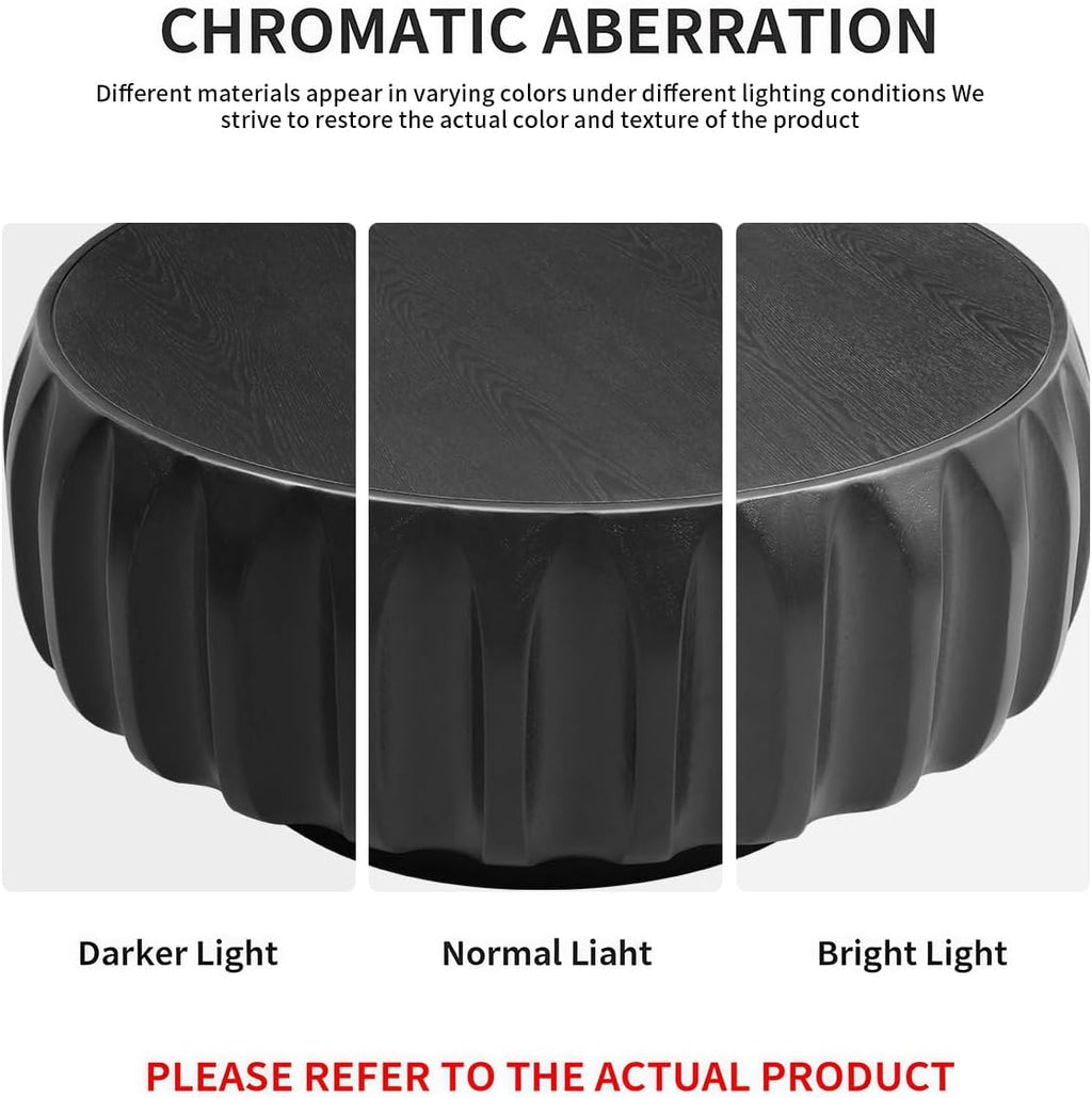 31.5' Drum Coffee Table Modern Unique Fluted Tea Table Contemporary Wood Round Coffee Table with Fluted Centry Table for Living Room Black