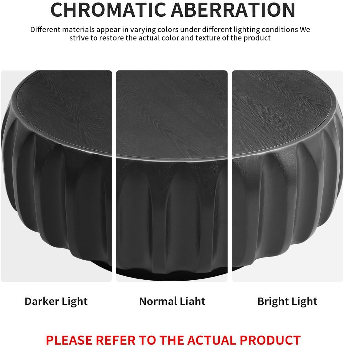 31.5' Drum Coffee Table Modern Unique Fluted Tea Table Contemporary Wood Round Coffee Table with Fluted Centry Table for Living Room Black