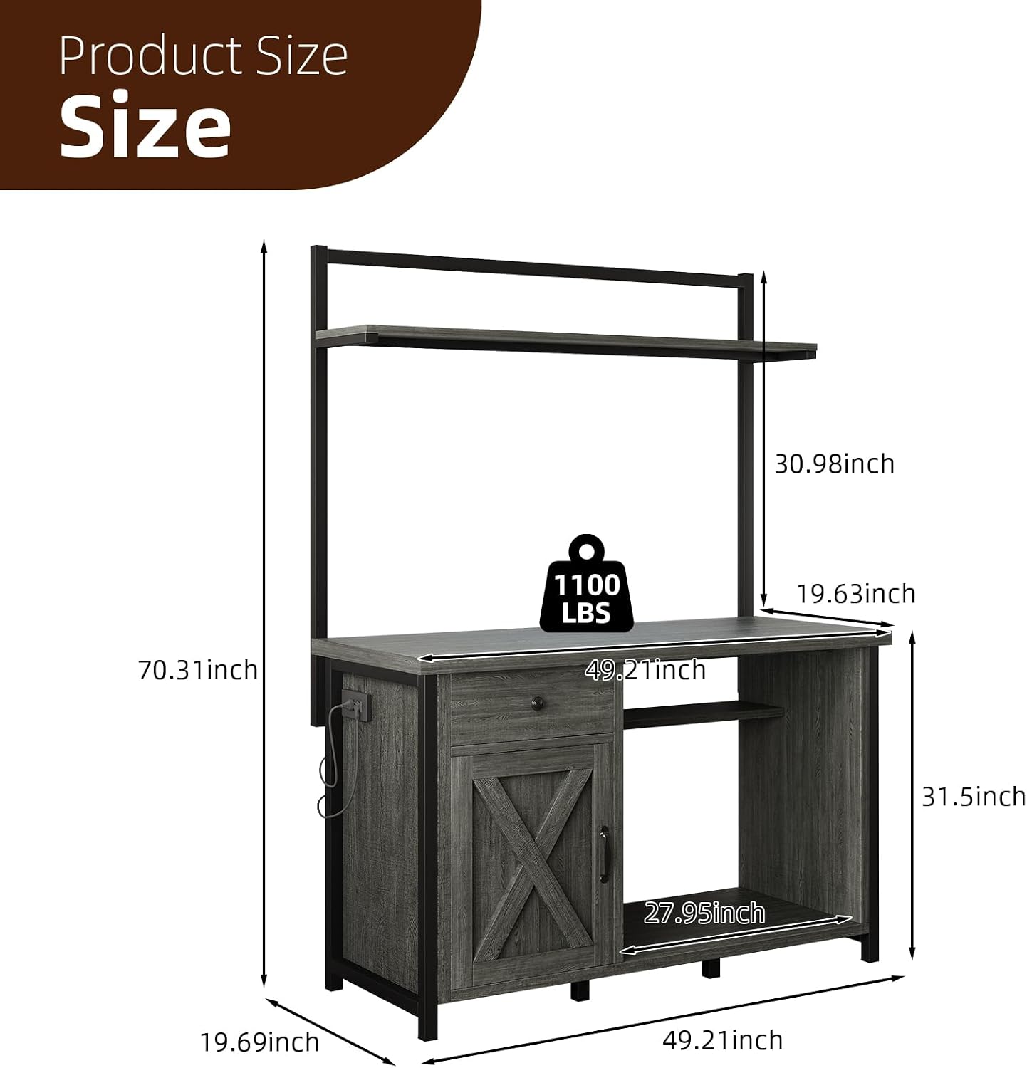 Reptile Tank Stand with Power Outlet, Terrarium Stand with Storage Cabinet, 49' X 20' Tabletop, Aquarium Stand with LED Lights, Reptile Terrarium,Turtle Tank (Gray)