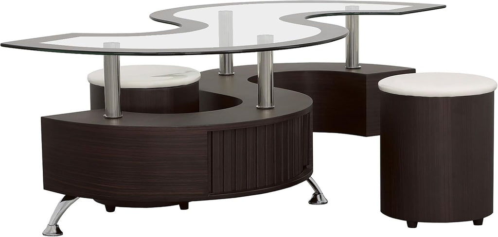 Coaster Home Furnishings - Buckley - Wood and Glass - 3-Piece Coffee Table and Stools Set - Serpentine Shape, Tempered Glass Top, Upholstered Stools - Living Room - 51-Inch - Cappuccino - 720218