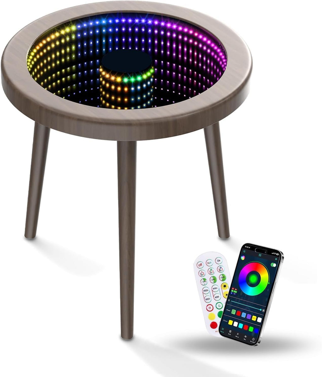 HANYEE Small Circle Coffee Table, Infinity Mirror Table, Small Round Side Table, for Home Living Room, Office,Tempered Glass Surface with RGB LED Lighting Smart Control, Office and Bedroom-Grey