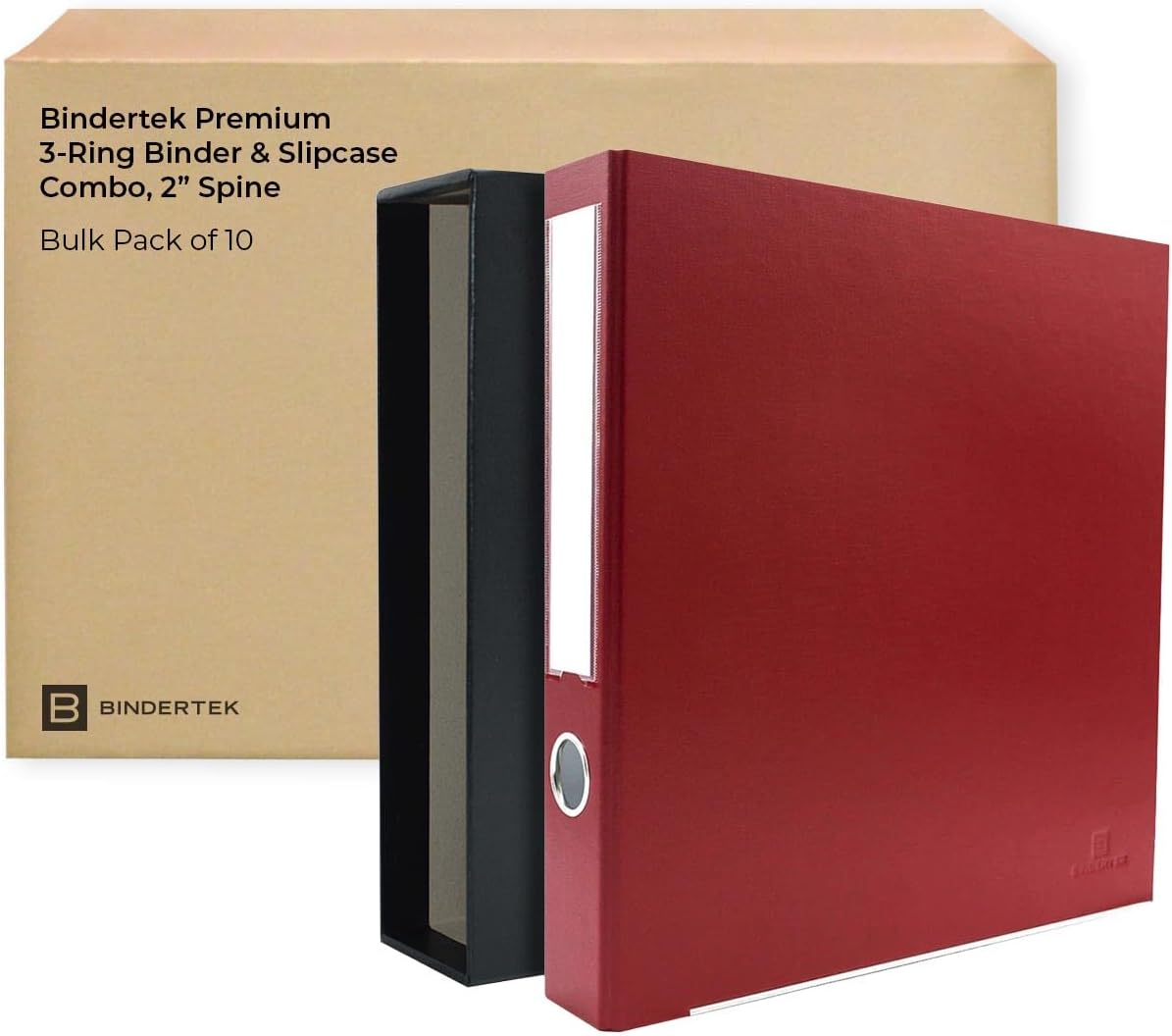 3-Ring Premium Binder & Slip Case Combo, Pack of 10 - Brick Red, 2' Spine Width, 325 Sheet Capacity, 1.25' D-Rings, Linen-Textured Covers, Steel Reinforced Edges by Bindertek