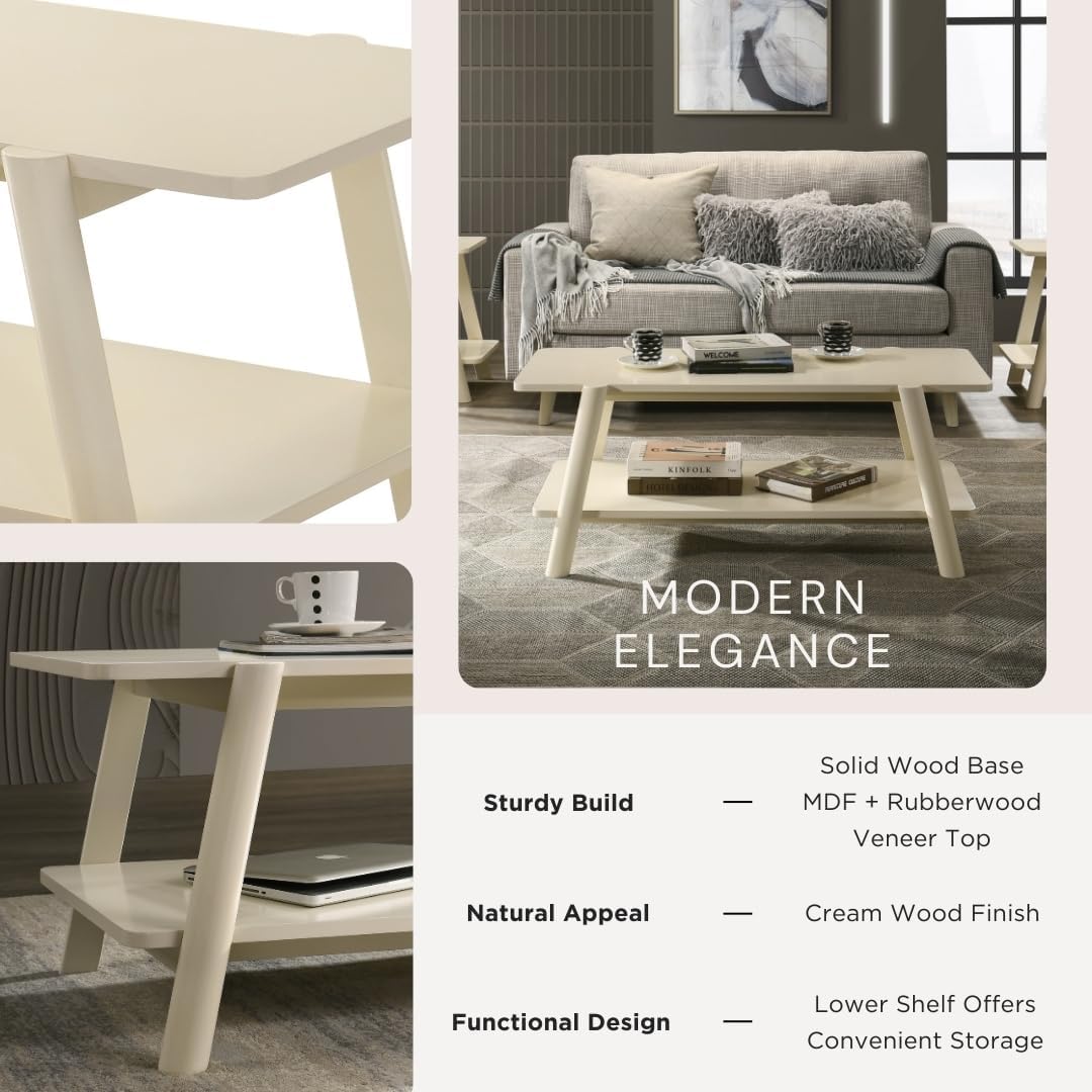 Roundhill Furniture Metz 3-Piece Coffee Table Set, Coffee Table and Two End Tables, Off-White Finish