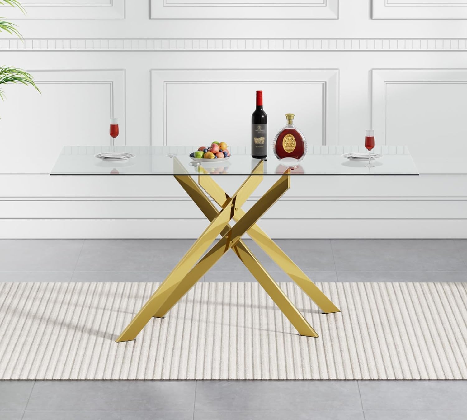 51' Modern Dining Table Set for 4, Rectangular Tempered Glass Dining Table and 4 Beige Velvet Dining Chairs, Luxury 5 Piece Kitchen Dining Room Tables Set with Gold Chrome Metal X-Base