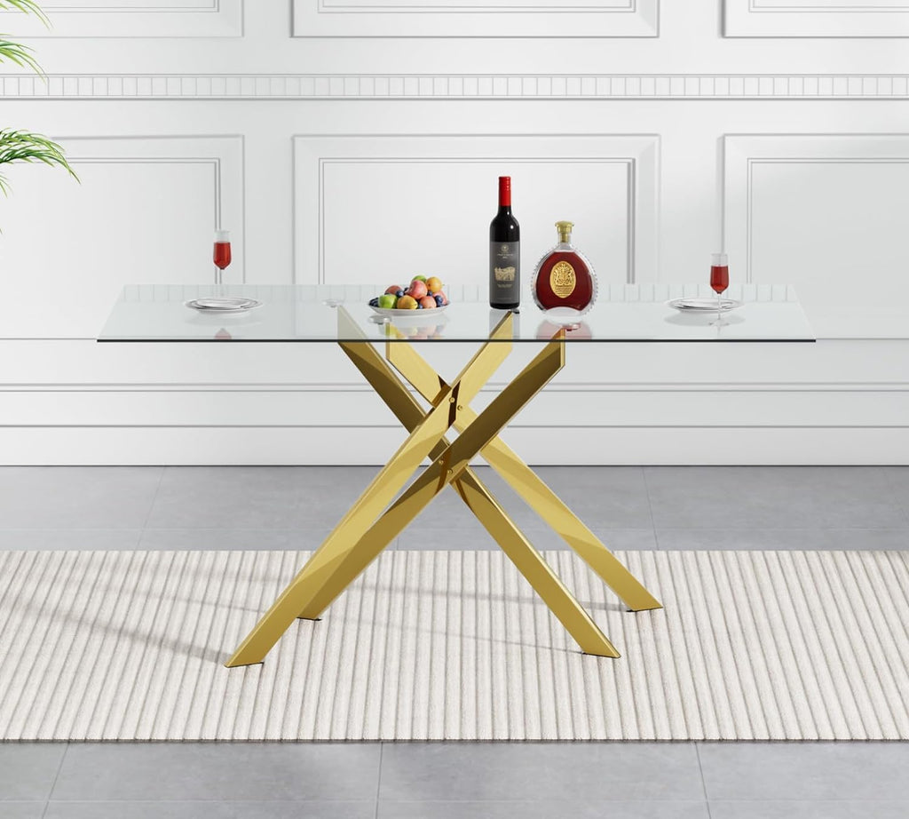 51' Modern Dining Table Set for 4, Rectangular Tempered Glass Dining Table and 4 Black Velvet Dining Chairs, Luxury 5 Piece Kitchen Dining Room Tables Set with Gold Chrome Metal X-Base