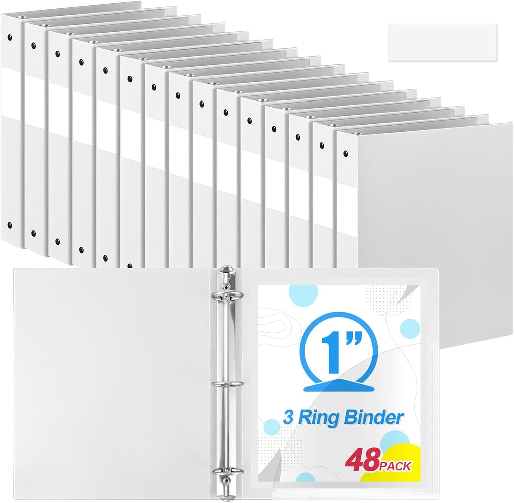 Henoyso 48 Pack 1 Inch 3 Ring Plastic Binders, Bulk Flexible PP Binders for Classroom & School Supplies, Letter Size 8.5 x 11, Holds 240 Sheets with Interior Pocket (White)