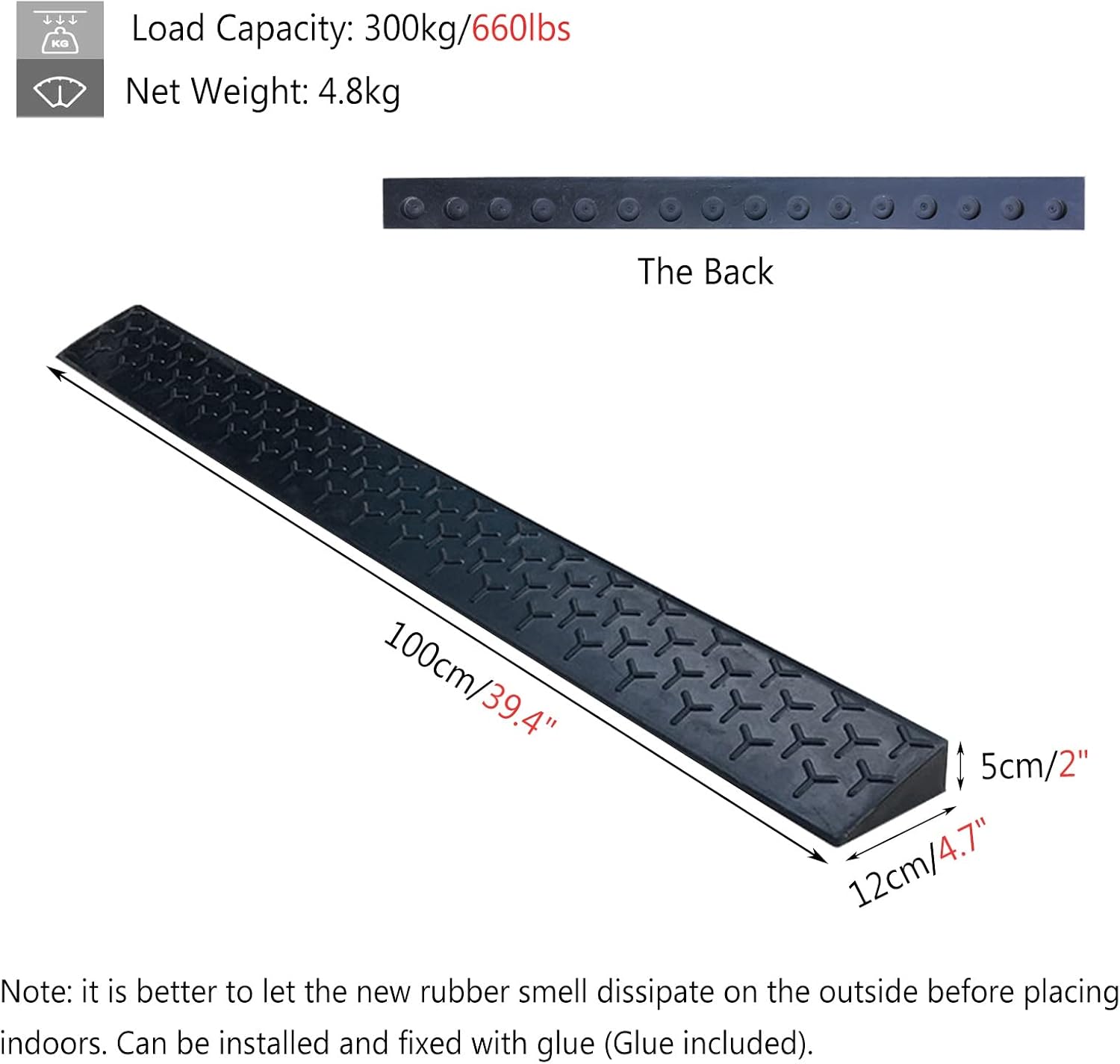 ZJMAMA Threshold Ramp Rubber, 1/2/3/4/5 CM Rise Wheelchairs Ramps for Home Garden Yard Sliding Glass Doors Steps, Indoor Outdoor Entry Transitions Slope (Size : 100x12x5(39.4x4.7x2))
