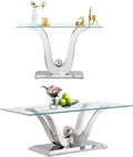 Modern Silver Glass Coffee Table Set of 2, Clear Glass Coffee Table and Console Sofa Table Set with Stainless Steel Frame, Luxury Silver 2 Piece Living Room Table Set for Home Office Apartment