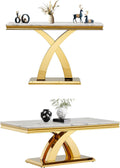 2-Piece Living Room Table Set, Faux Marble Coffee Table Set of 2 with X-Shape Stainless Steel Base, White and Gold Coffee and Console Table Set, Modern Home Living Furniture