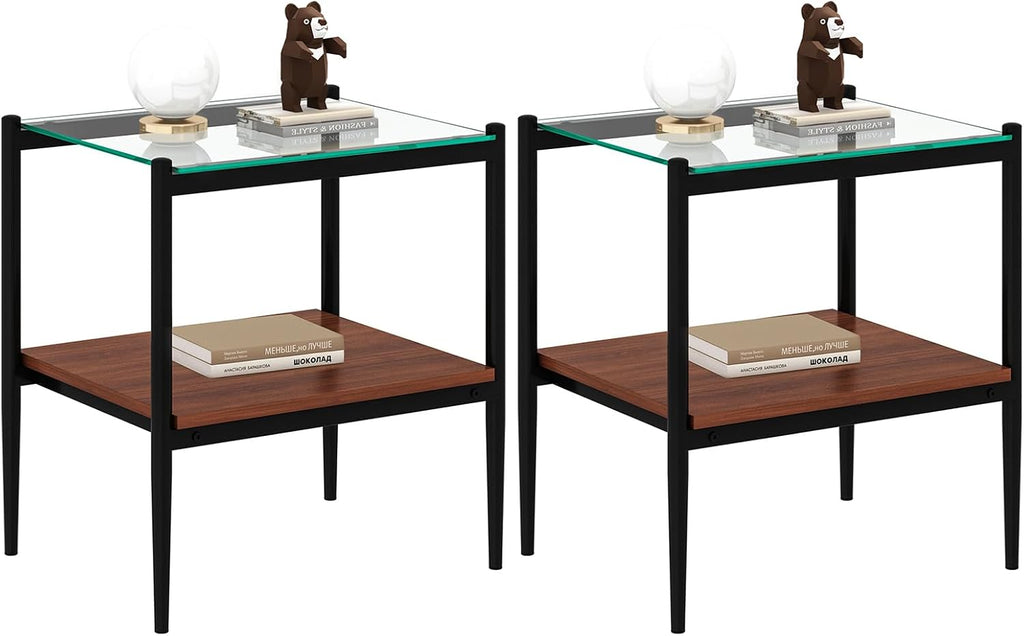 ODUSE-DAILY Coffee Table and End Table 3 Piece Living Room Set, Black Metal Frame Glass Top End Tables, Square Top Shelf, Sofa or Couch Side Tables, Mesa de Centro para Sala (3 Pcs)