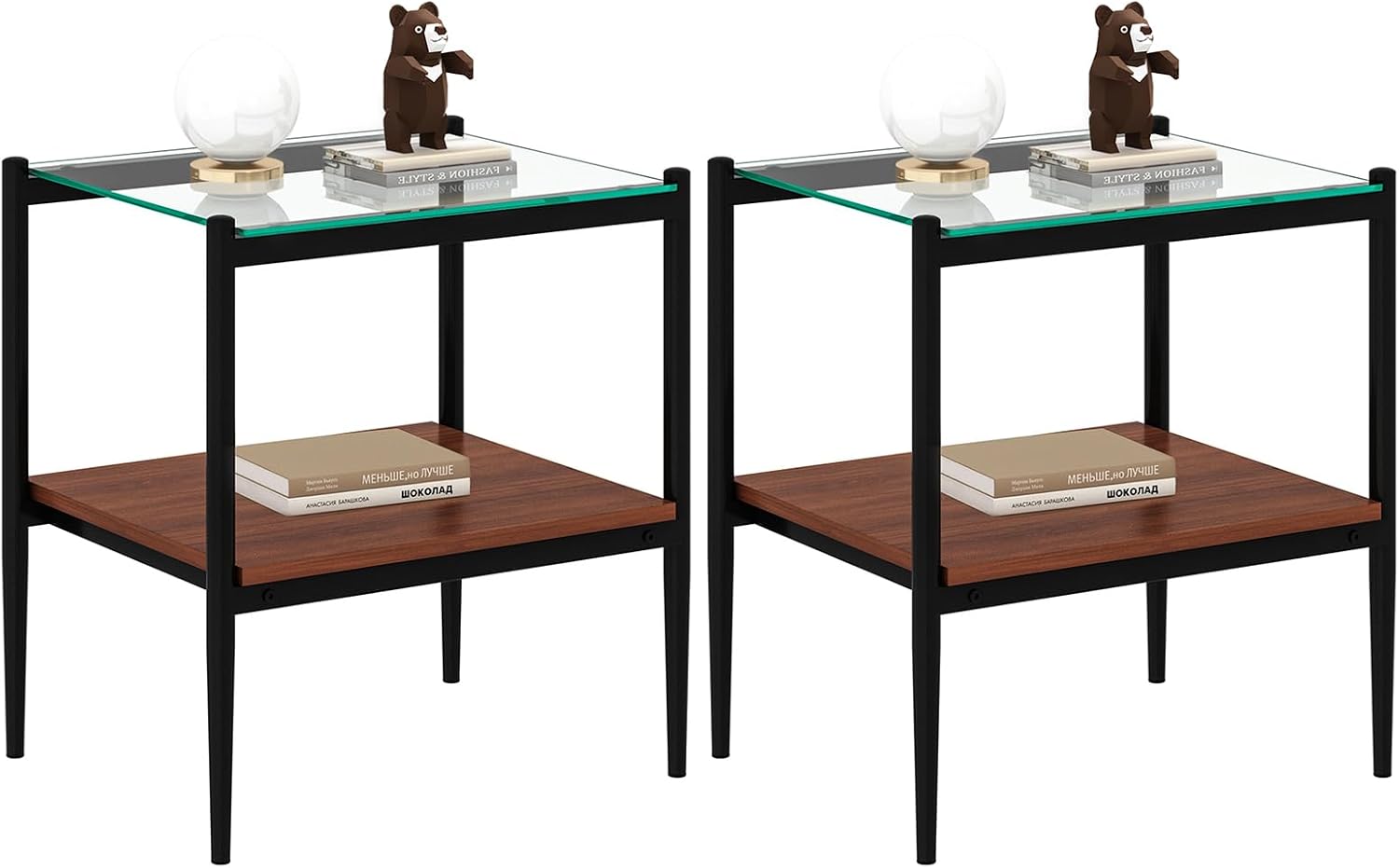 ODUSE-DAILY Coffee Table and End Table 3 Piece Living Room Set, Black Metal Frame Glass Top End Tables, Square Top Shelf, Sofa or Couch Side Tables, Mesa de Centro para Sala (3 Pcs)