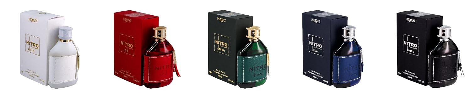 Dumont Nitro Perfume Collection Set, White, Red, Green, Blue and Black Fragrances 3.45 fl oz Each, 5-Piece Fragrance Combo Pack