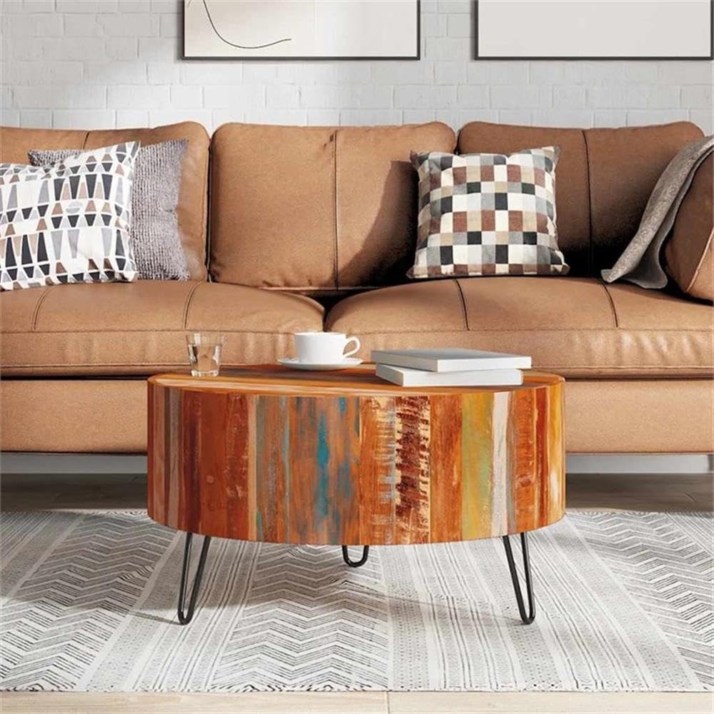 BOWERY HILL 27.6' Round Coffee Table, Solid Reclaimed Wood, Multicolor Finish, Handcrafted Rustic Design, Compact Living Room Accent Table, Durable Polished Surface for Drinks and Decor