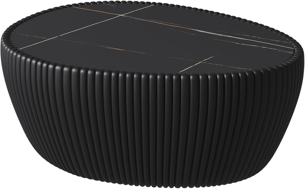32'' Goose Egg Shaped Coffee Table, Black Sintered Stone Top with Unique Pattern & Leather Wrapped, Modern Side Sofa Table, No Assembly