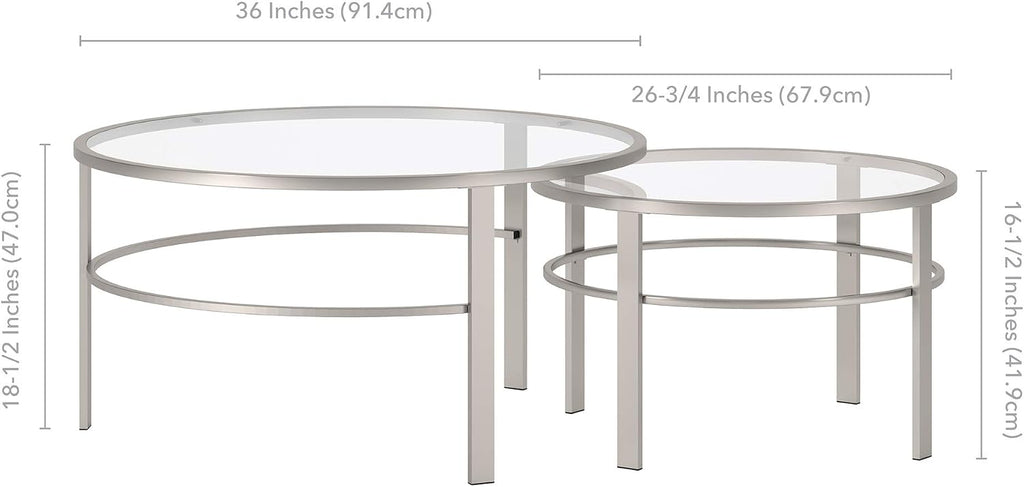 Henn&Hart Round Nested Coffee Table in Satin Nickel, Modern coffee tables for living room, studio apartment essentials, 36' Wide